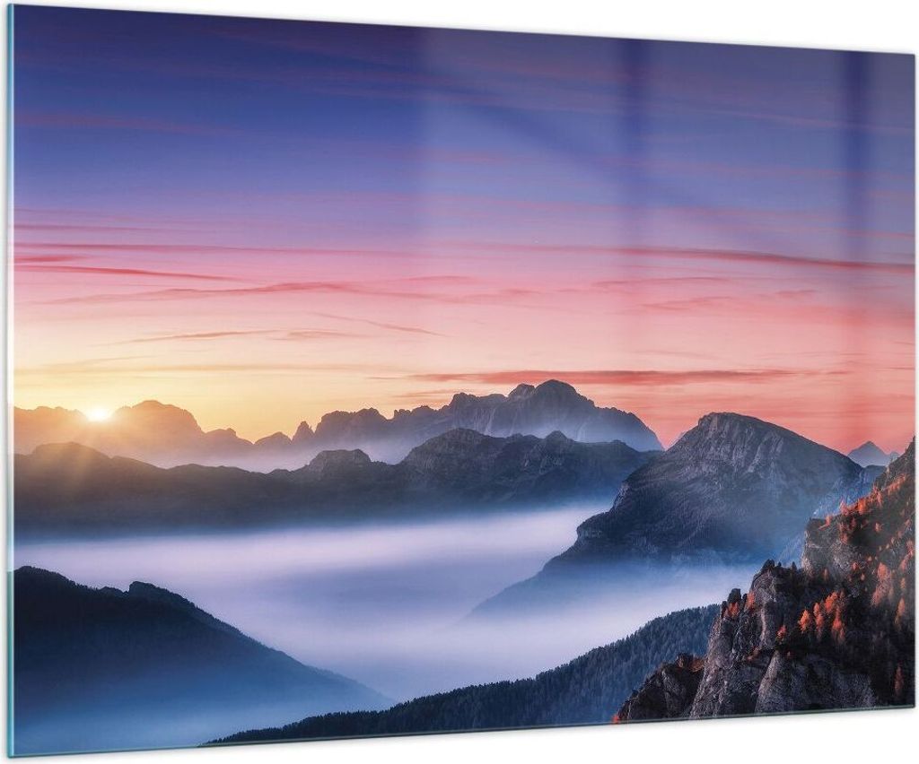 Bilder auf glas - Einteilig - Westen Sonne Berge - 100x70cm - Glasbilder - Wandbilder - Bilder - zum Aufhängen bereit - Wanddekoration aus Glas - ...