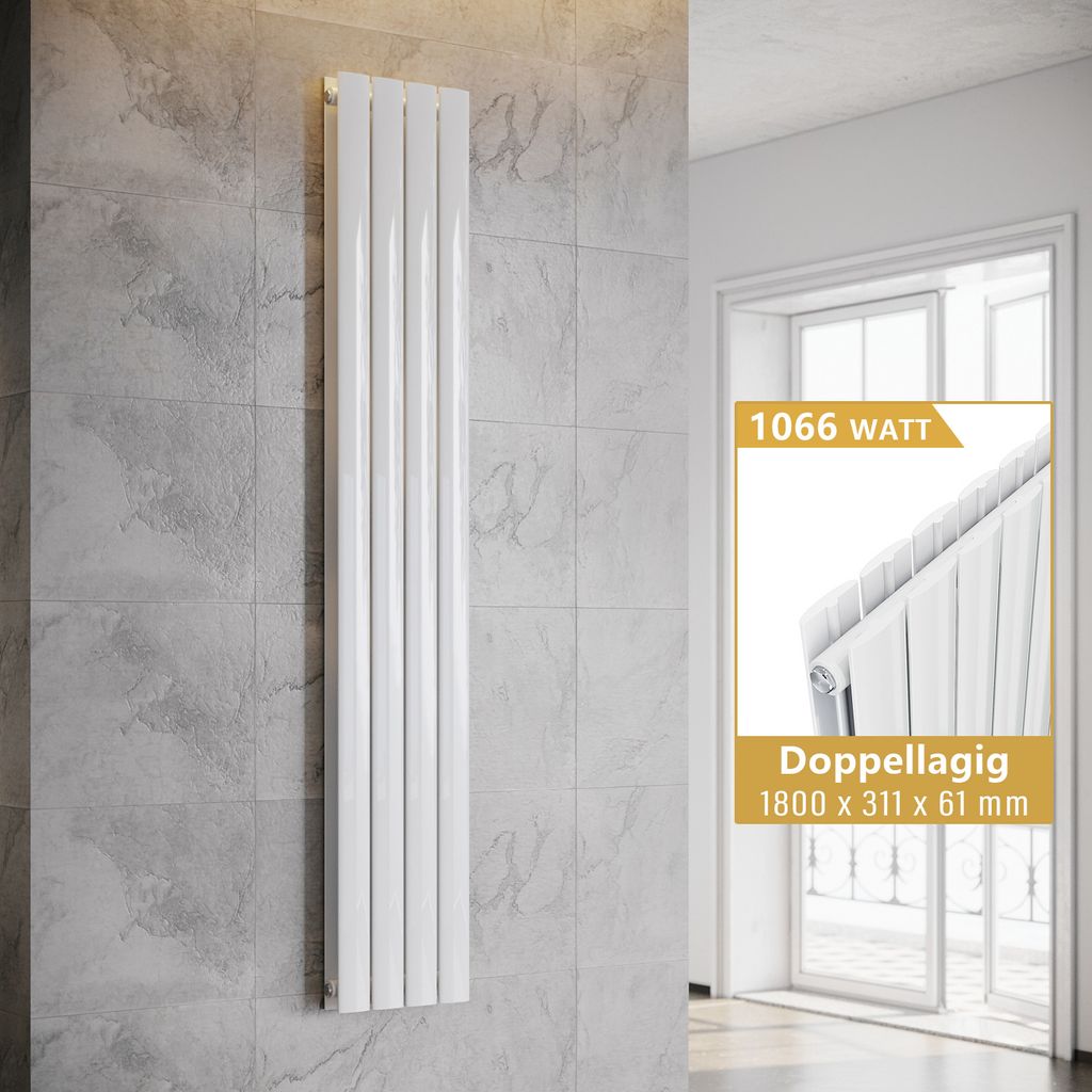A vertical panel radiator is shown mounted on a tiled wall, with a close-up inset showing product details.