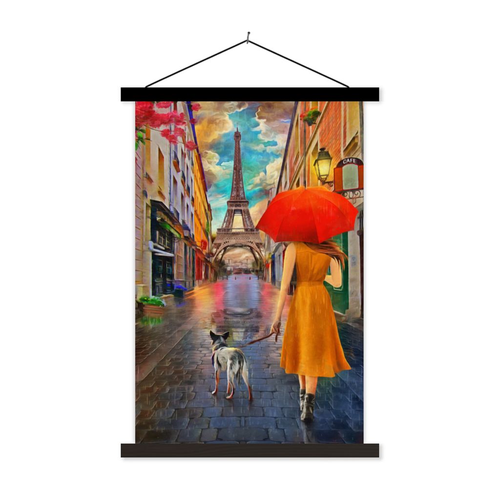 MuchoWow Textilposter Gemälde - Ölfarbe - Frau - Hund - Paris 60x90 cm mit schwarzem Rahmen - Poster Wohnzimmer