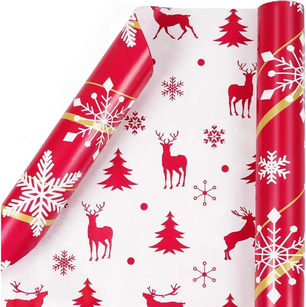 Papier Cadeau Noël Anti-Déchirure 10M Réversible Rouge Or 40CM de Large
