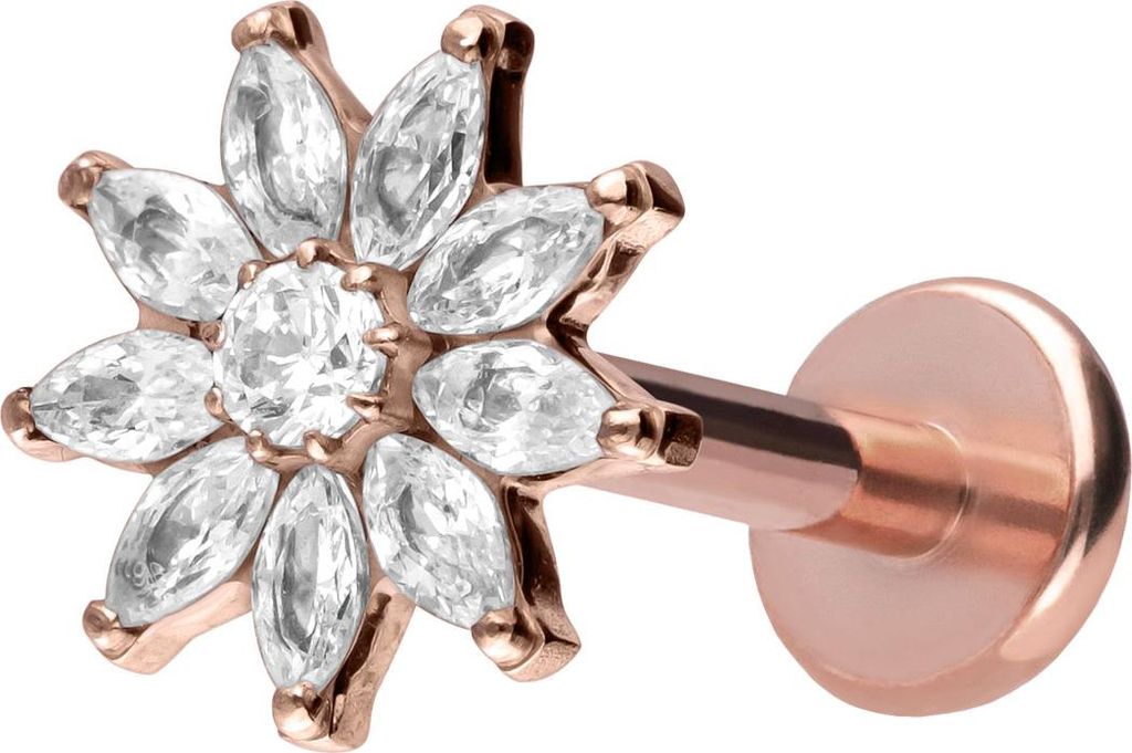 Ohrpiercing, Nasenpiercing Titan Labret mit Push Fit KRISTALLBLUME RoséGold Stablänge: 10mm | Stabstärke: 1,2mm