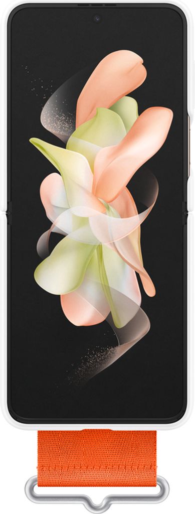 A white Samsung Z Flip4 phone case with an orange strap attached to the bottom.