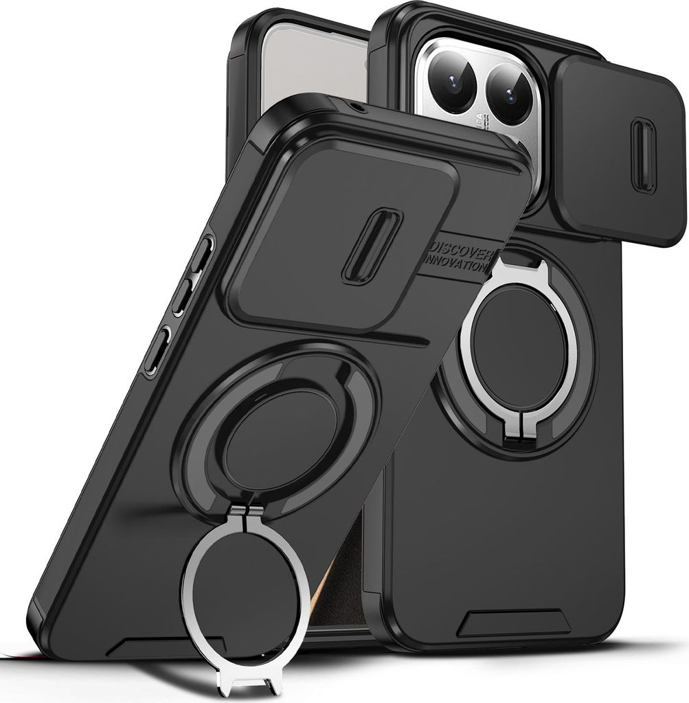 Two black phone cases with camera lens covers and ring stands are displayed against a white background.