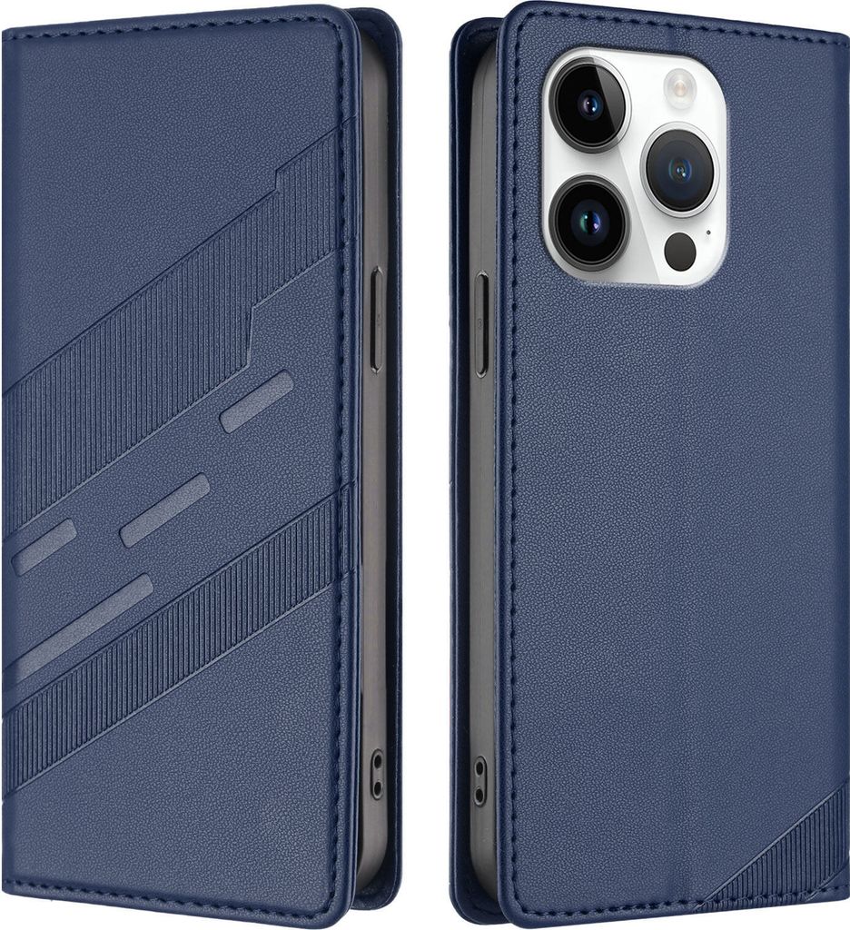 Hülle für iPhone 14 Pro, Kunstleder Brieftaschen Handyhülle mit Kartenfach und Standfunktion Blau