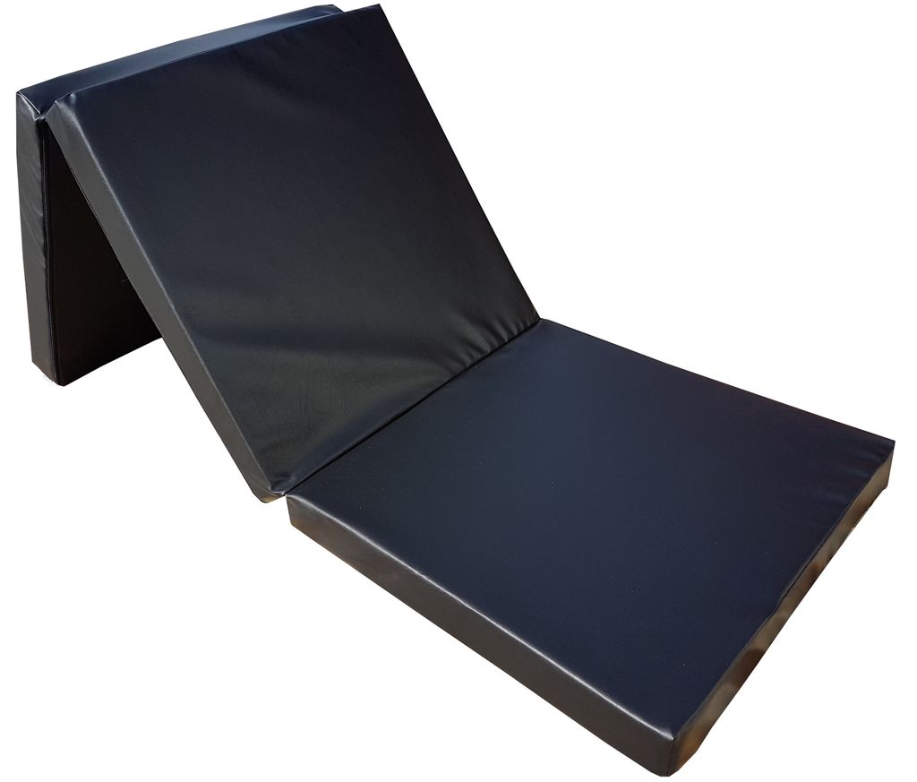 A black foldable mattress is shown unfolded, on a white background.