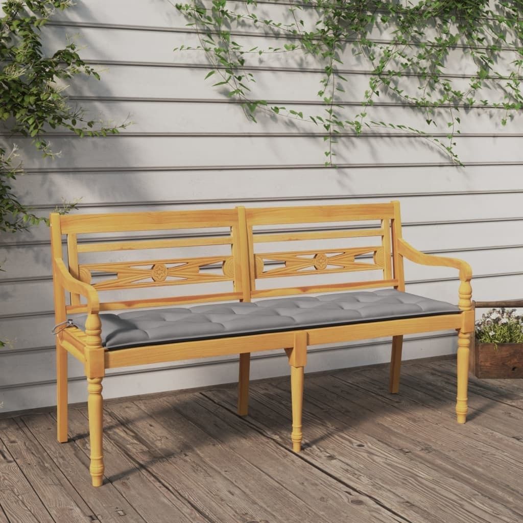 The Living Store Batavia-Bank mit Grauem Kissen 150 cm Massivholz Teak