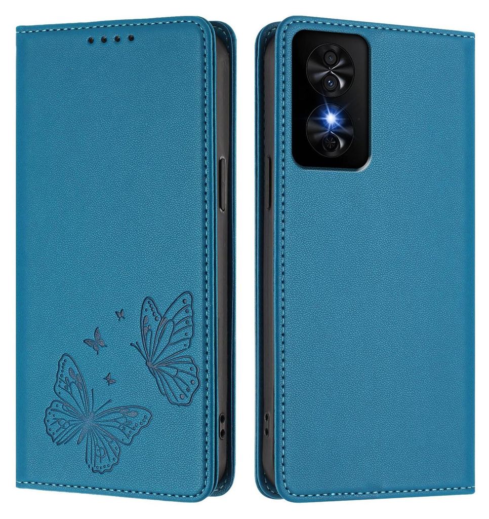 Lederhülle für TCL 50 SE/TCL 40 NxtPaper, Schmetterling Prägung Leder Brieftasche Schutzhülle mit Ständer Blau