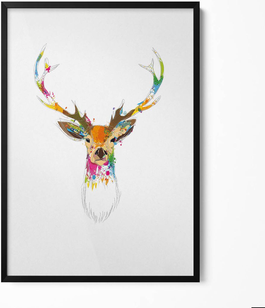 Illustration eines bunten Hirschkopfes– Wandbild mit Rahmen – Gerahmtes Bild – Wanddekoration – 70x100 cm – Schwarz Rahmen