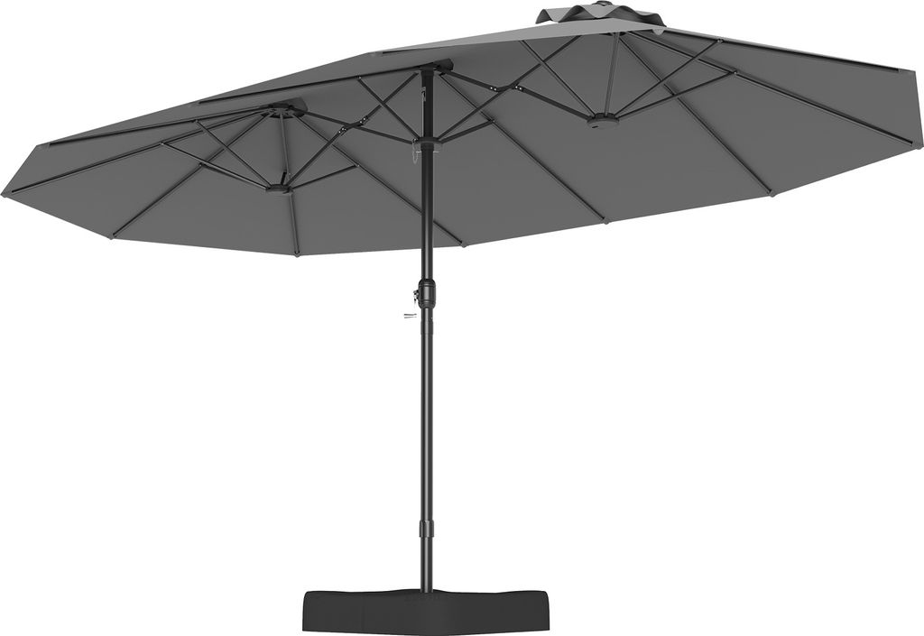 A gray double patio umbrella with a black base and pole, shown against a white background.