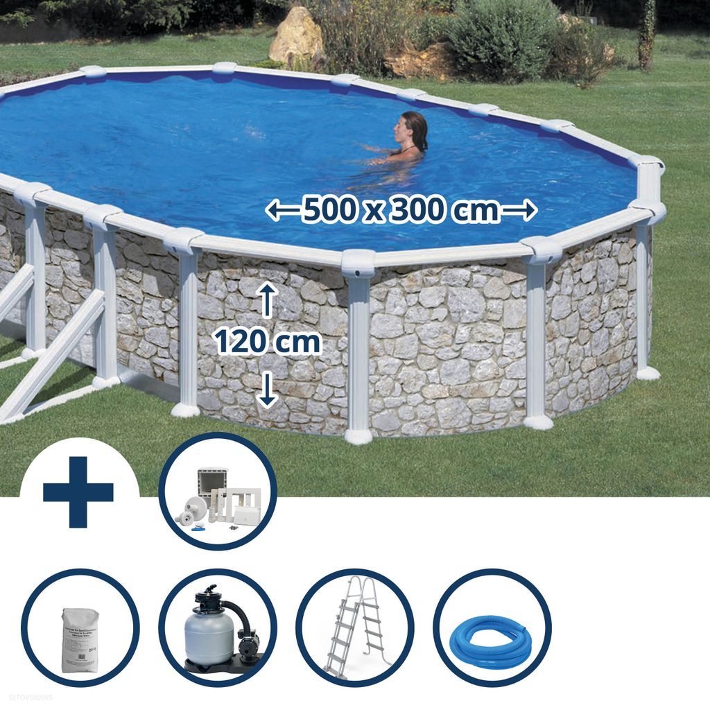 Stahlwandpool Set (6-teilig) hoch oval 500 x 300 x 120 cm, Stahl 0,45mm Steinoptik Folie 0,3mm blau