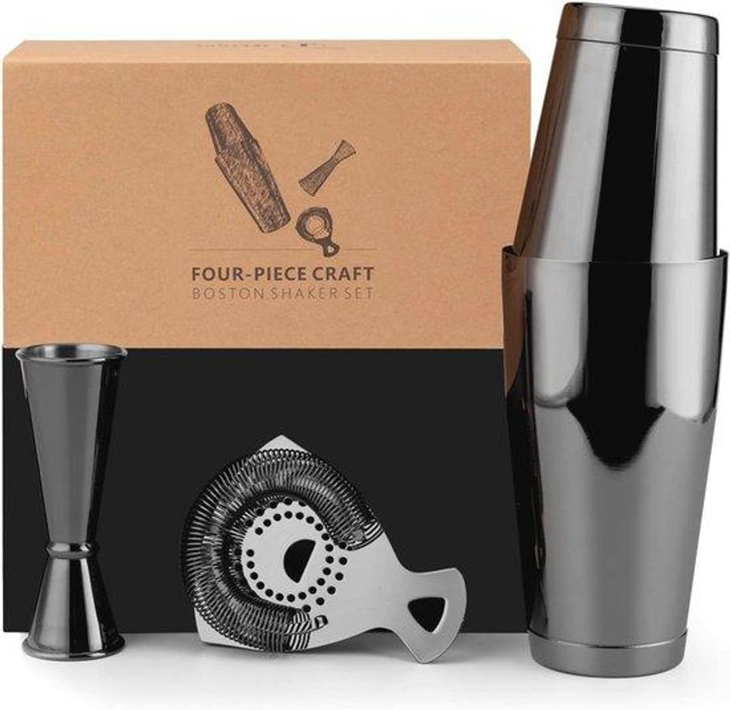 4-teilig Bar-Shaker-Set | Edelstahl-Shaker, Bar-Zeit und Maßbecher | Ideal für Heimbar und Geschenk (Schwarz)