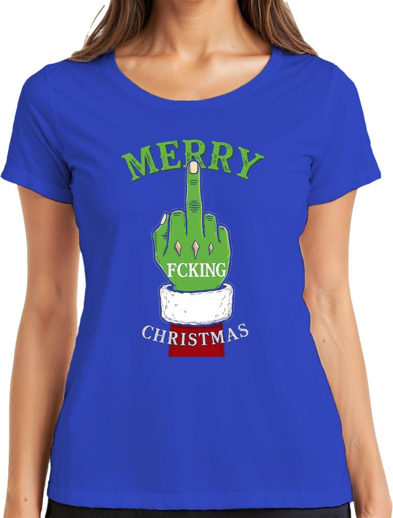 Merry Fcking Christmas Grinch Mittelfinger frech lustig böse Damen T-Shirt, Blau, XL