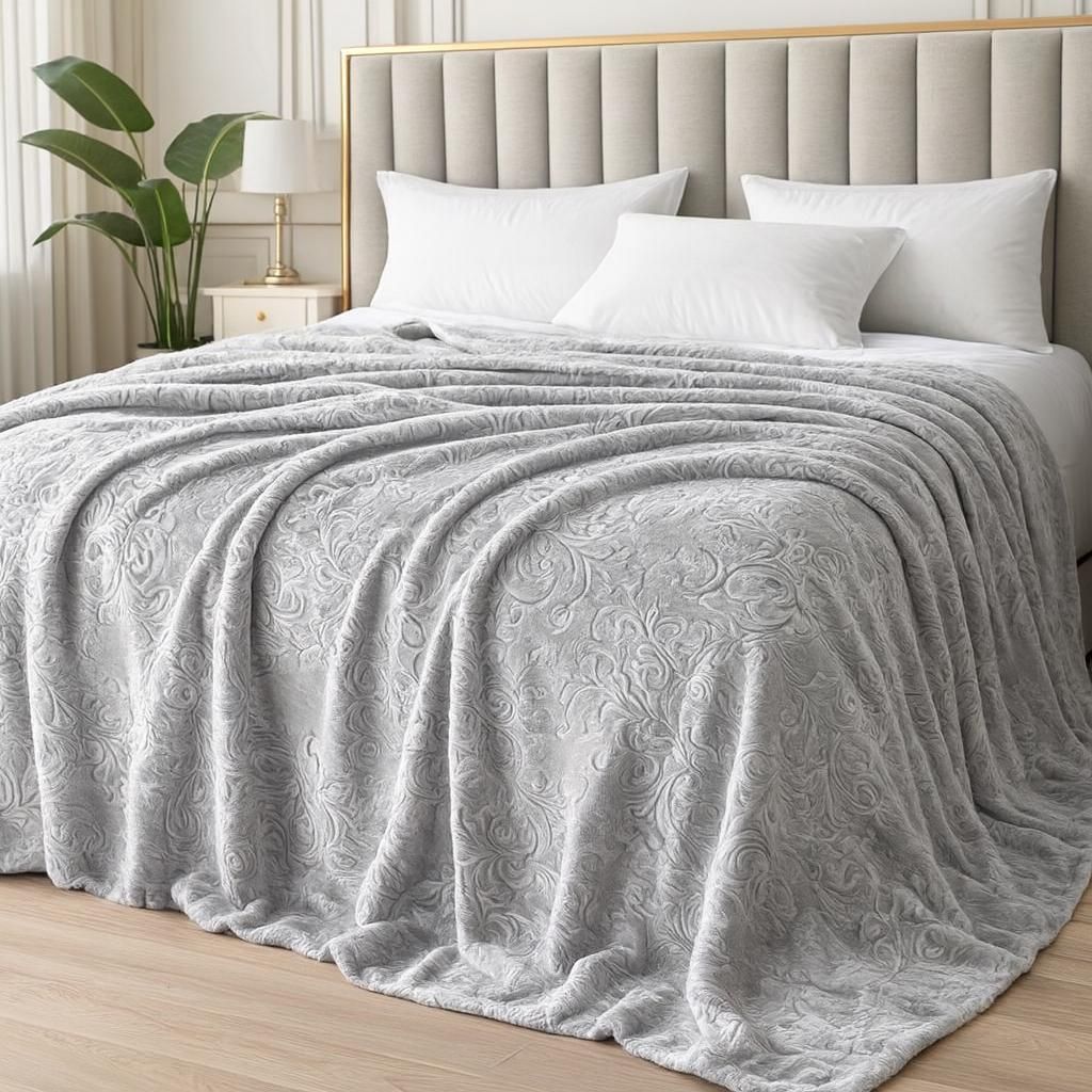 Weiche Fleece-Bettdecke 200×220 cm - Hellgrau - s Mikrofaser-Plaid mit relief Dammbrett- lits-jumeaux - Warm & Leicht - Sofadecke / Gemütlich & S...