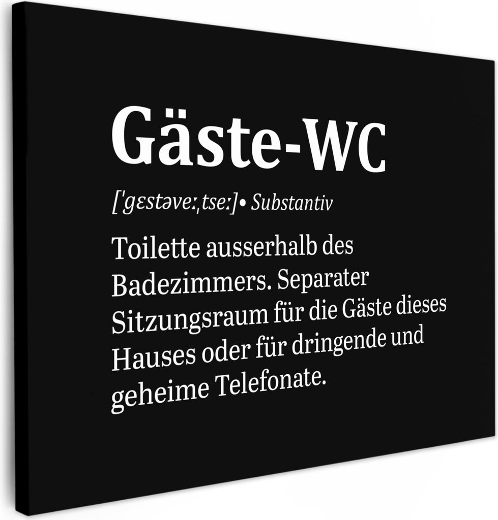 MuchoWow - Leinwandbilder - Zitate - Gästetoilette - Definition - Schwarz - Sprichwort, Wandbild, Wanddeko Bilder Wohnzimmer, 70x50 cm