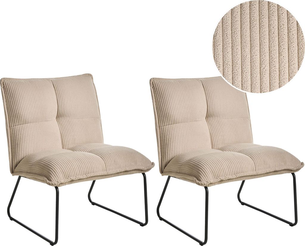 BELIANI Sessel 2er Set Beige Cord mit Schwarzen Beinen aus Metall Ohne Armlehnen Modern Retro Polstersessel Wohnzimmer
