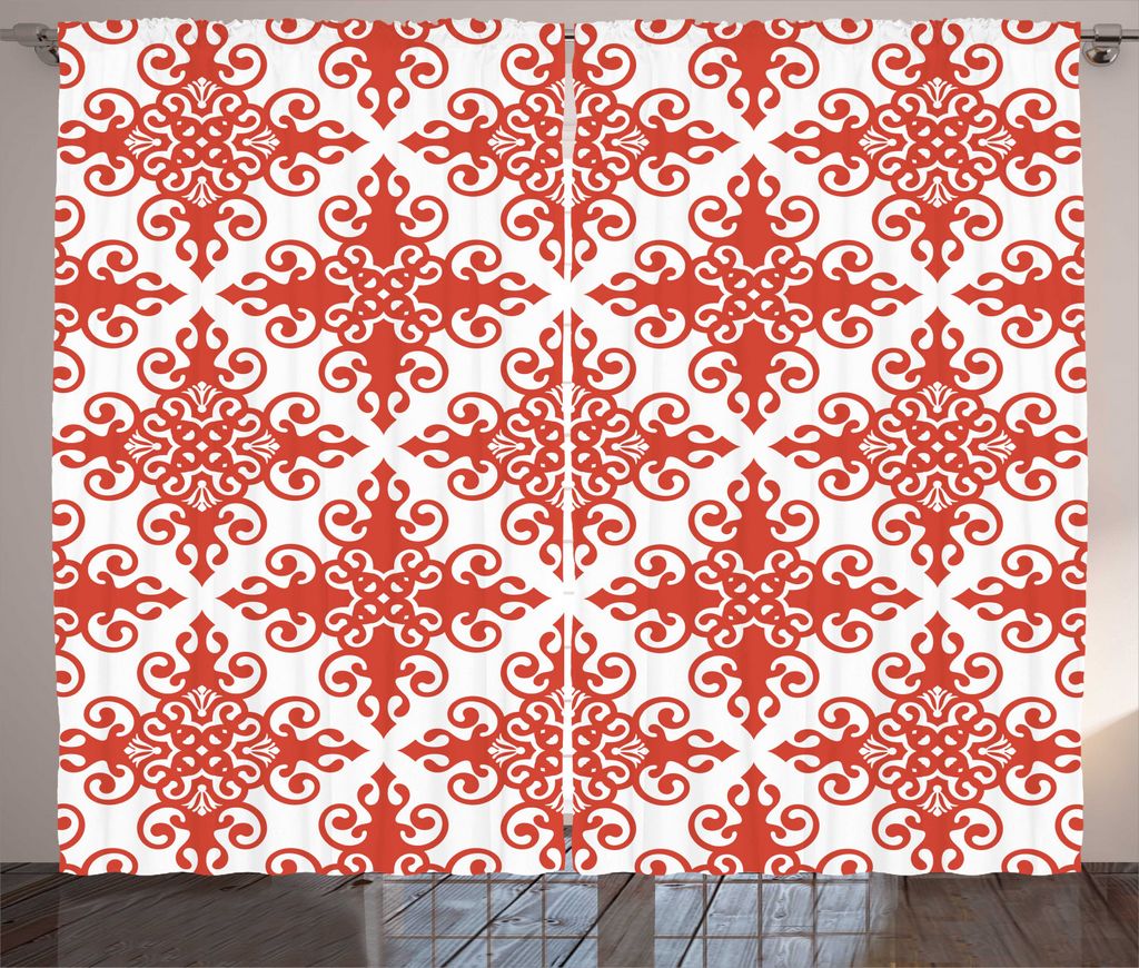 ABAKUHAUS rot Rustikaler Vorhang, Western Scroll Ornament, Wohnzimmer Universalband Gardinen mit Schlaufen und Haken, 280 x 225 cm, Weiß Rot