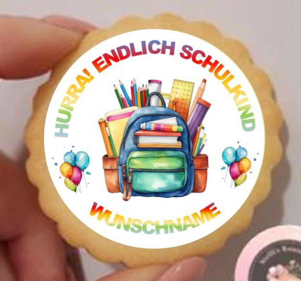 Schulbeginn Hurra endlich Schulkind Keks / Cupcake Aufleger 1 Seite Wunschtext oder Name möglich Saracino Cake Paper - leicht raue Oberfläche kei...