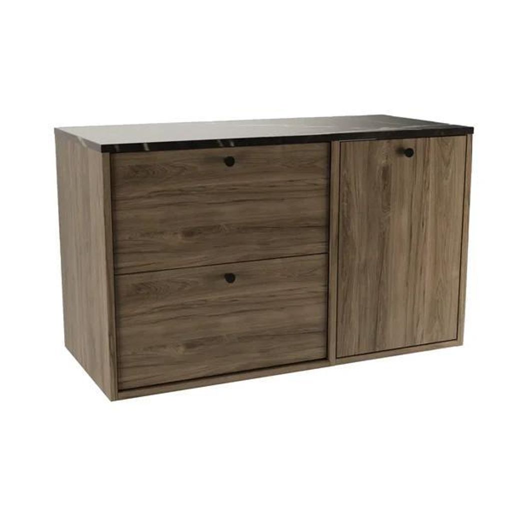 WENA Waschtischunterschrank 100 cm mit Wäschekorb gerade Fronten, Griffe aus Metall in der Farbe Schwarz Belino (Farbe: Walnuss Dunkel/Marmor Schw...