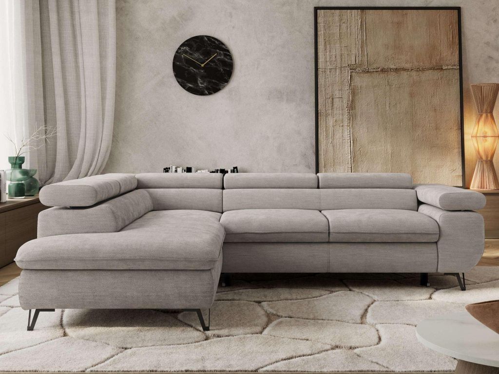 Couch mit Schlaffunktion L-form Ecksofa mit Topper Visco Wohnzimmersofa mit Einstellbare Kopfstützen - PABLO L - Schenille glatt - Hellgrau - Links