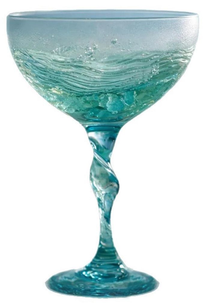 Weinglas mit spiralförmigem Henkel, blau-grünem Farbverlauf und einzigartiger Wellenstruktur. Handliches Weinglas mit spiralförmigem Henkel.