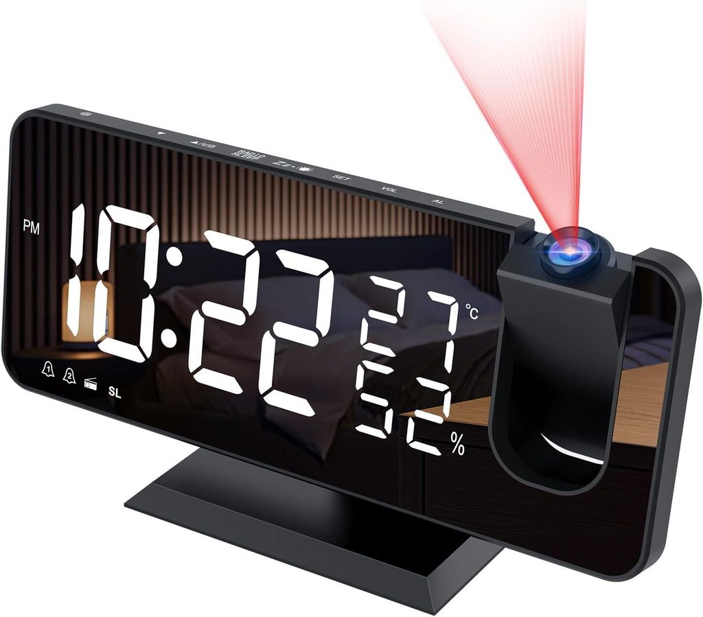 Projektorwecker mit Radio, 7-Zoll-LED-Bildschirm, Doppelalarm, 4 Helligkeitsstufen, USB-Anschluss und 15 Lautstärkereglern