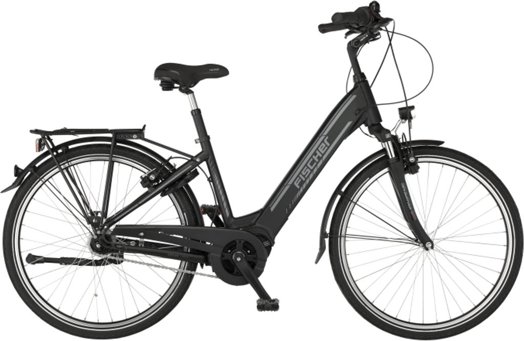 A black FISCHER electric bicycle is shown against a white background.