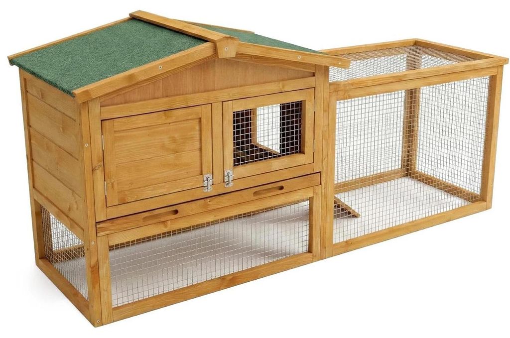 Kaninchenstall außen - 2-stöckiger Holzkäfig - 152 cm - Rutschfeste Rampe - Großes Auslaufgehege - Herausziehbare Kotschublade - Holzfarbe