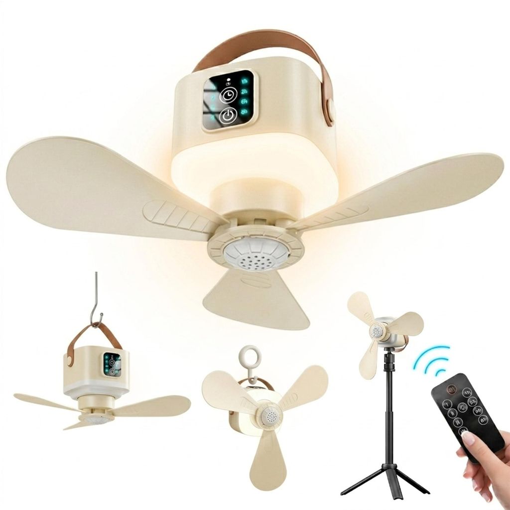 Ø24cm Camping Ventilator mit Licht, Akku 7200mAh, Touch-Stop Sicherheit, USB-C, Fernbedienung & Timer, 3-in-1 Hängeventilator für Zelt Wohnmobil