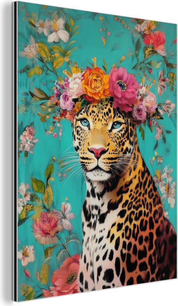 MuchoWow Wanddekoration Metall Metallbild Wandkunst 30x40 cm Leopard - Blumen - Krone MuchoWow Aluminium Gemälde - Bilder