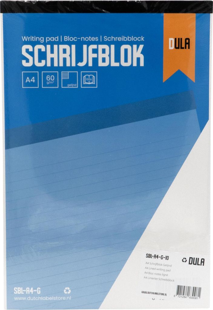 Notizblock im A4-Format mit Linien, 100 Blatt - Linierter Notizblock - 60 Gramm Papier - 10 Stück - DULA