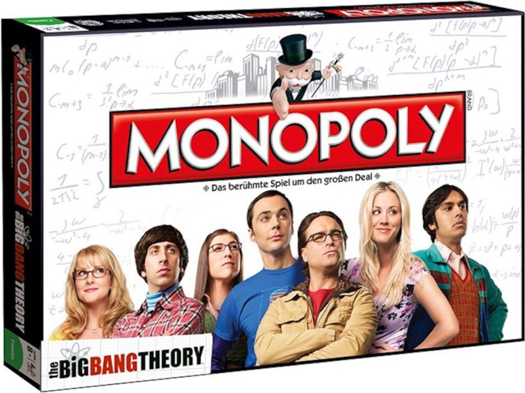 The image shows the front of a Monopoly board game box themed around The Big Bang Theory.