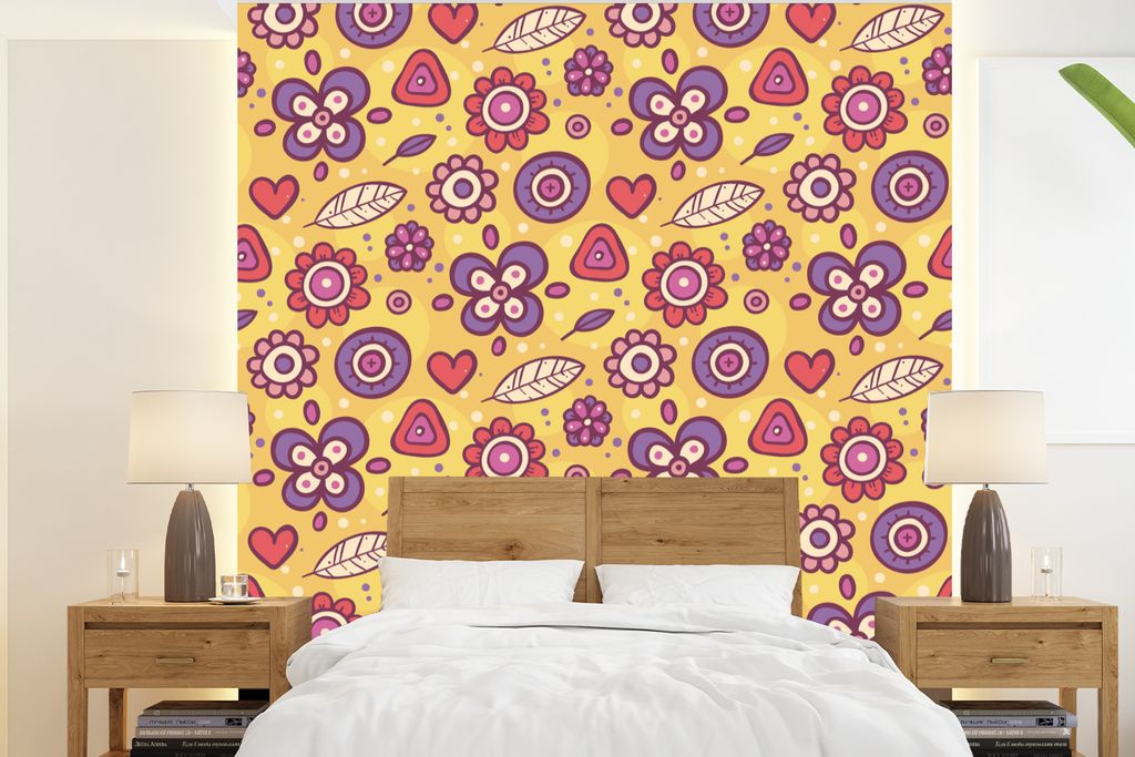 MuchoWow Fototapete für Wohnzimmer oder Schlafzimmer Wandtapete Vinyl Motivtapete Muster - Blumen - Lila - Orange - 240x260 cm - Tapezier Papier