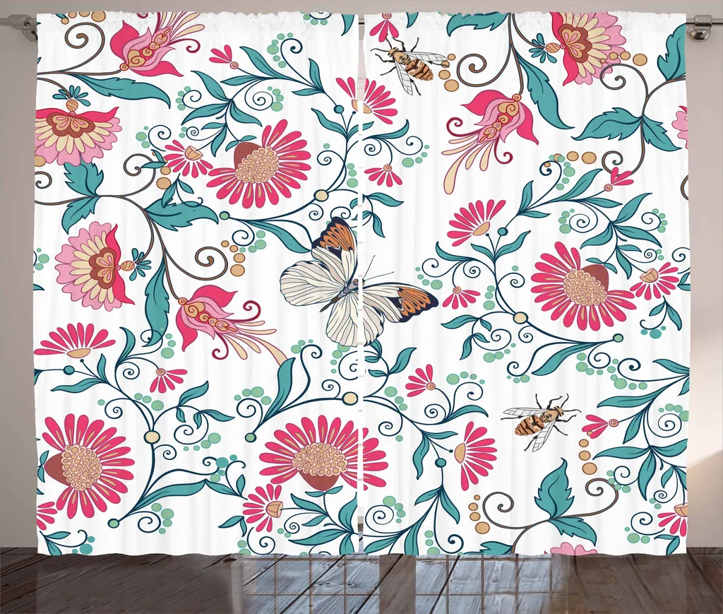 ABAKUHAUS Tenda rustica con motivo api, insetti floreali vintage, tenda universale per soggiorno con passanti e ganci, 280 x 175 cm, multicolore