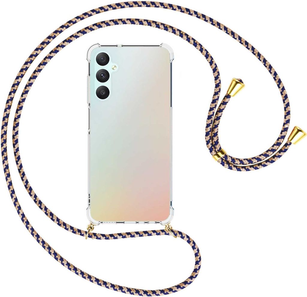 Handykette Backcover-Schutzhülle mit Band (Metall goldfarben) für Samsung Galaxy A05s (SM-A057) - blau+beige