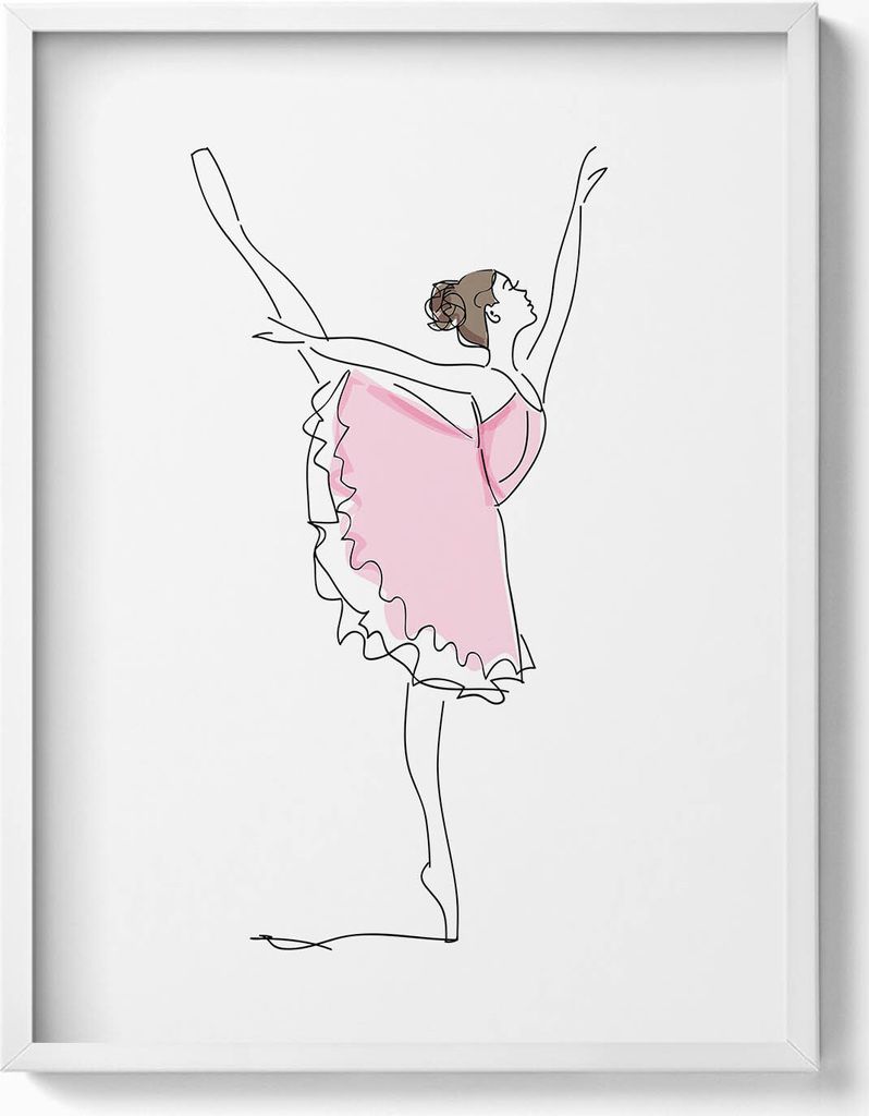 Strichzeichnung einer Ballerina beim Tanzen– Wandbild mit Rahmen – Gerahmtes Bild – Wanddekoration – 60x80 cm – Weiß Rahmen
