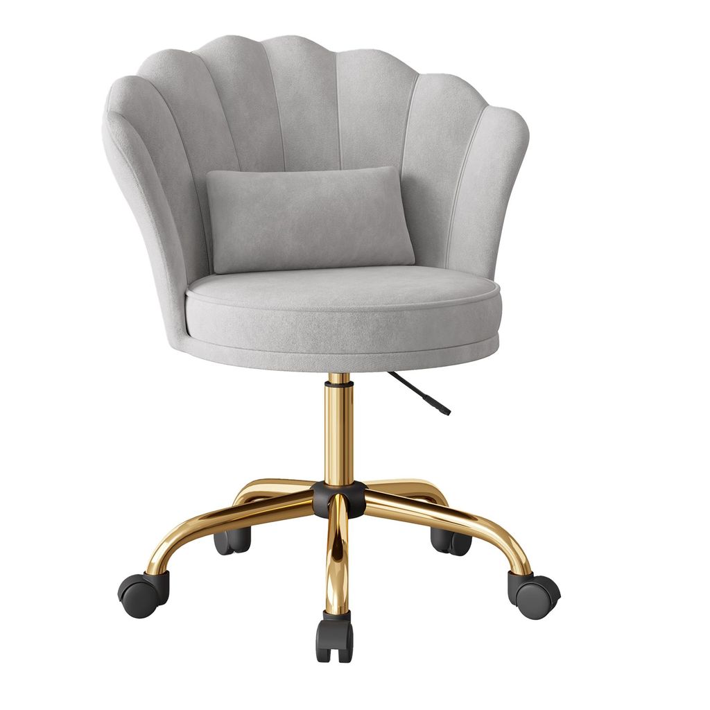 A light gray office chair with a scalloped back and a small pillow, on a gold base with wheels, isolated on a white background.