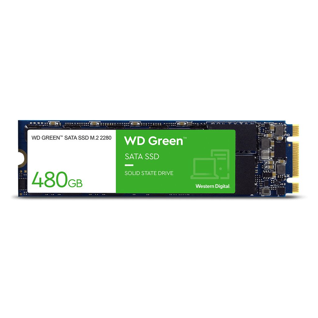A product shot of a WD Green M.2 SATA SSD on a white background.