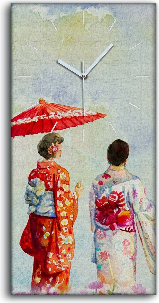 Wandbild Leinwand Bilder Wanduhr 30x60 Gemälde Aquarelle Bäume Japanisch - weiße Hände