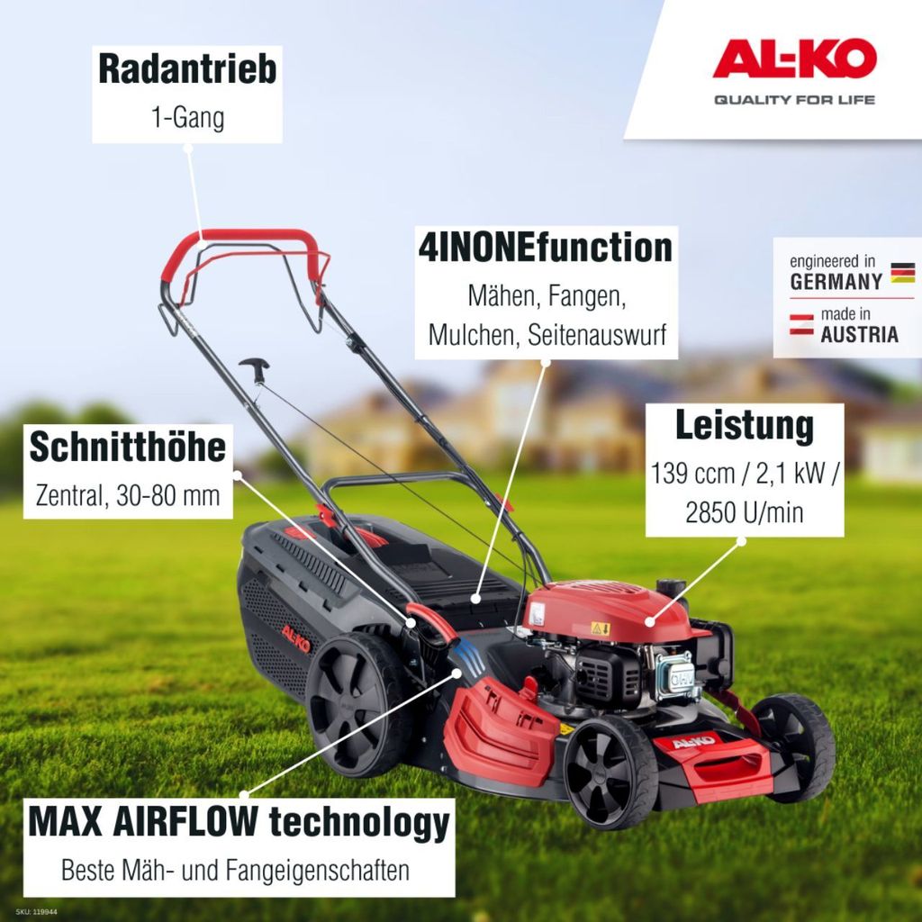 AL-KO Benzin-Rasenmäher Comfort 51.0 SP-A (51 cm Schnittbreite, 2.1 kW Motorleistung, Robustes Stahlblechgehäuse, Hinterradantrieb, Mulchfunktion...