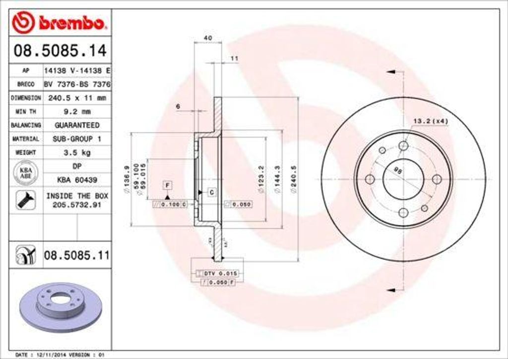 BREMBO 08.5085.11 Bremsscheibe OE 46403960 kompatibel mit Ypsilon, Lanc Y, Musa, Delta, Dedra, KA, Tipo, Tempra, Seicento, Punto, Panda, Marea, Ide...