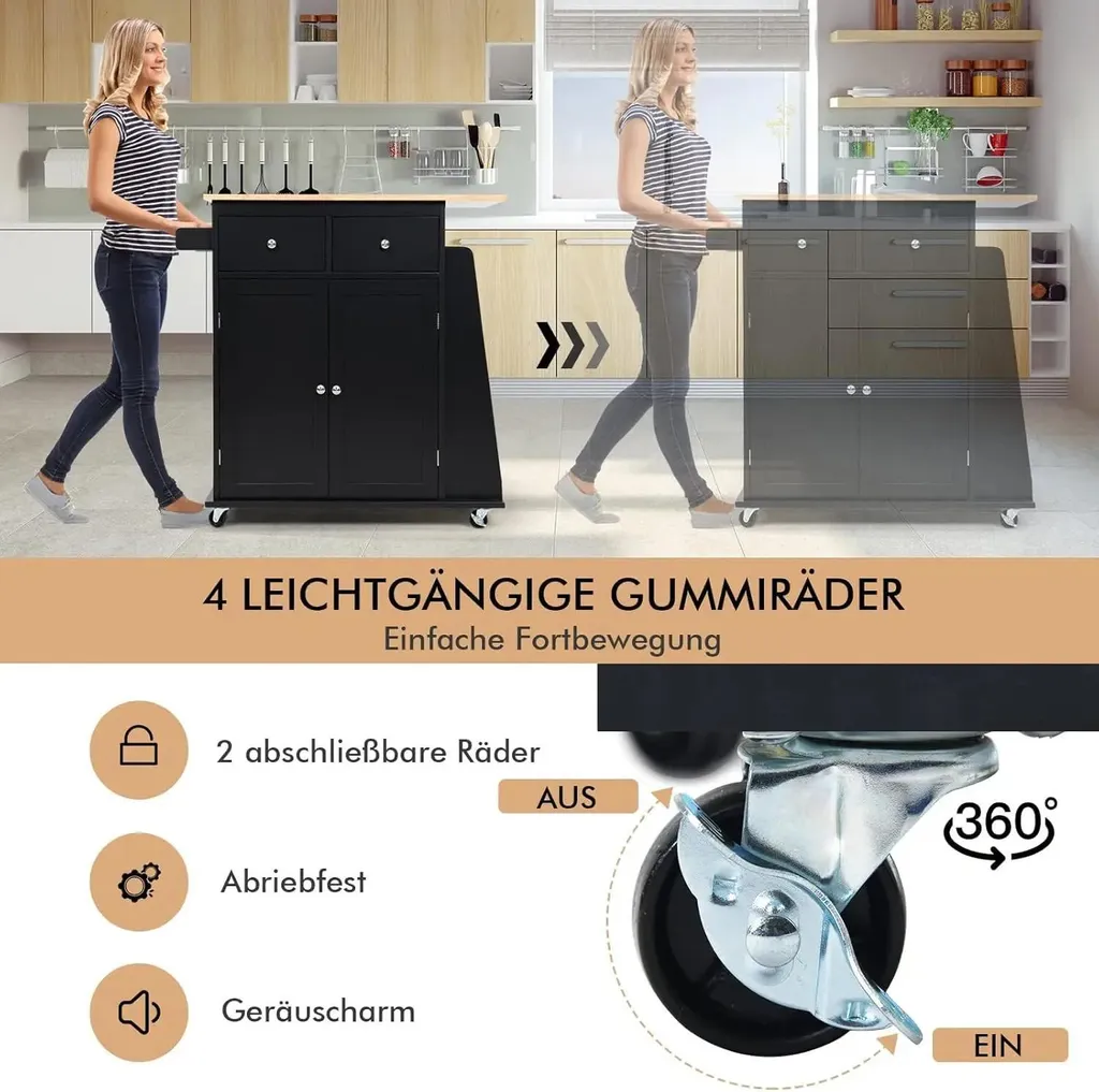 Desserte de cuisine mobile noire avec étagère réglable et freins - 3
