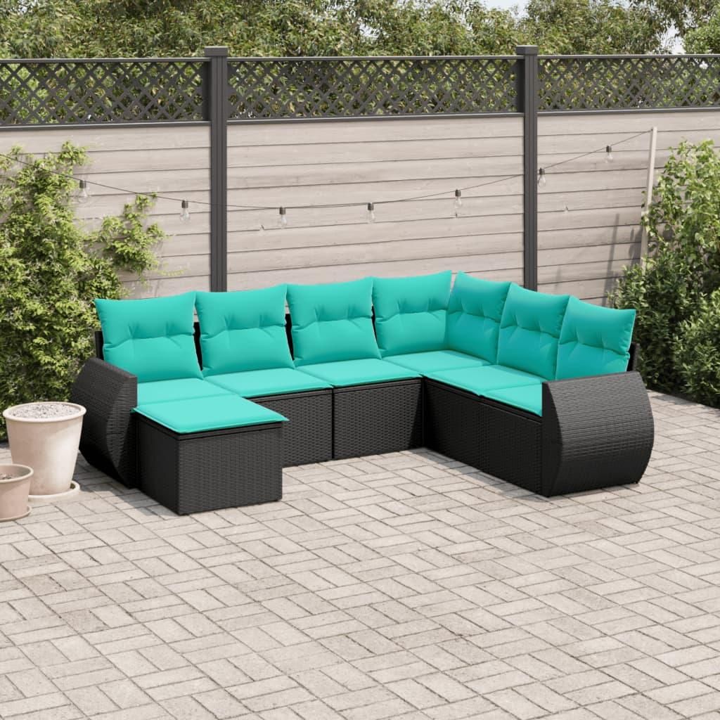 Möbel 7-teiliges Gartensofa-Set mit Kissen, schwarzes Polyrattan - Gartenstühle 3221696