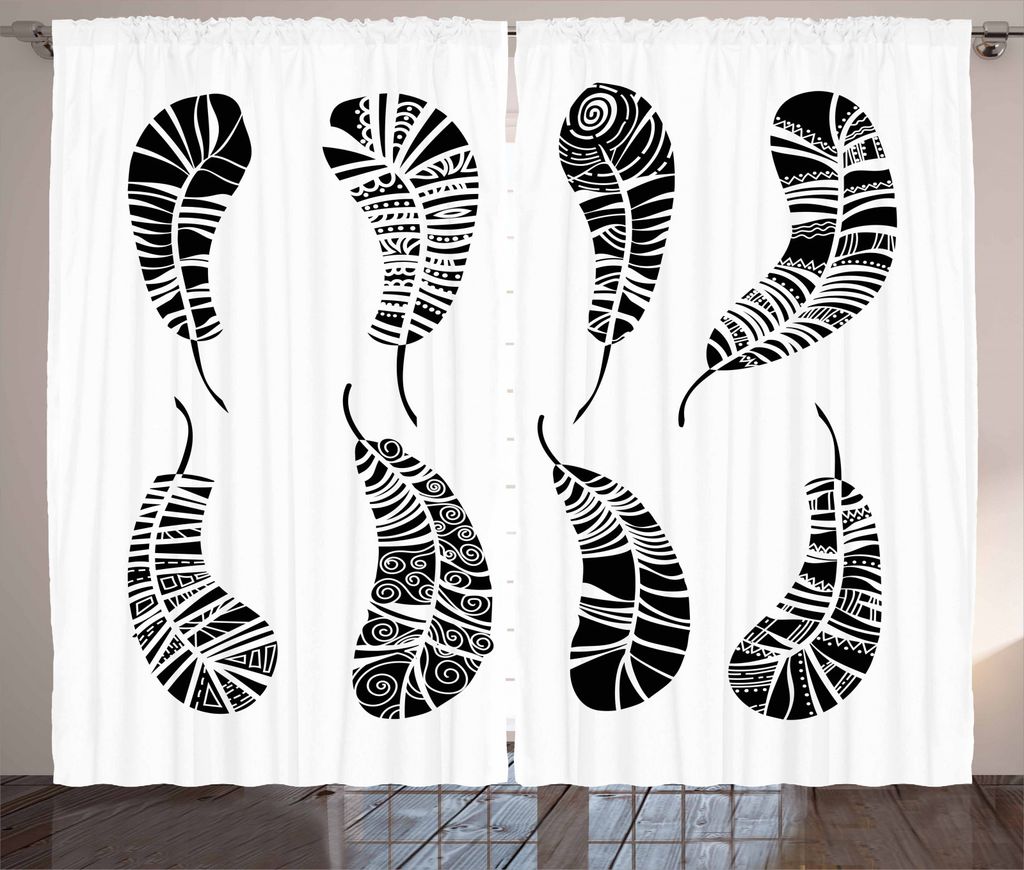 ABAKUHAUS Feder Rustikaler Gardine, Monochrome Boho Motive, Schlafzimmer Kräuselband Vorhang mit Schlaufen und Haken, 280 x 245 cm, Weiß Schwarz