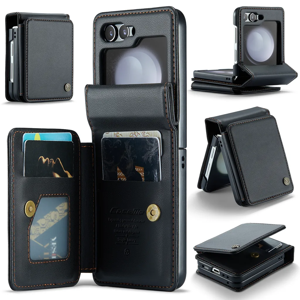 Cover Portafoglio Samsung Galaxy Z Flip 5: Pelle Nera con Card Holder