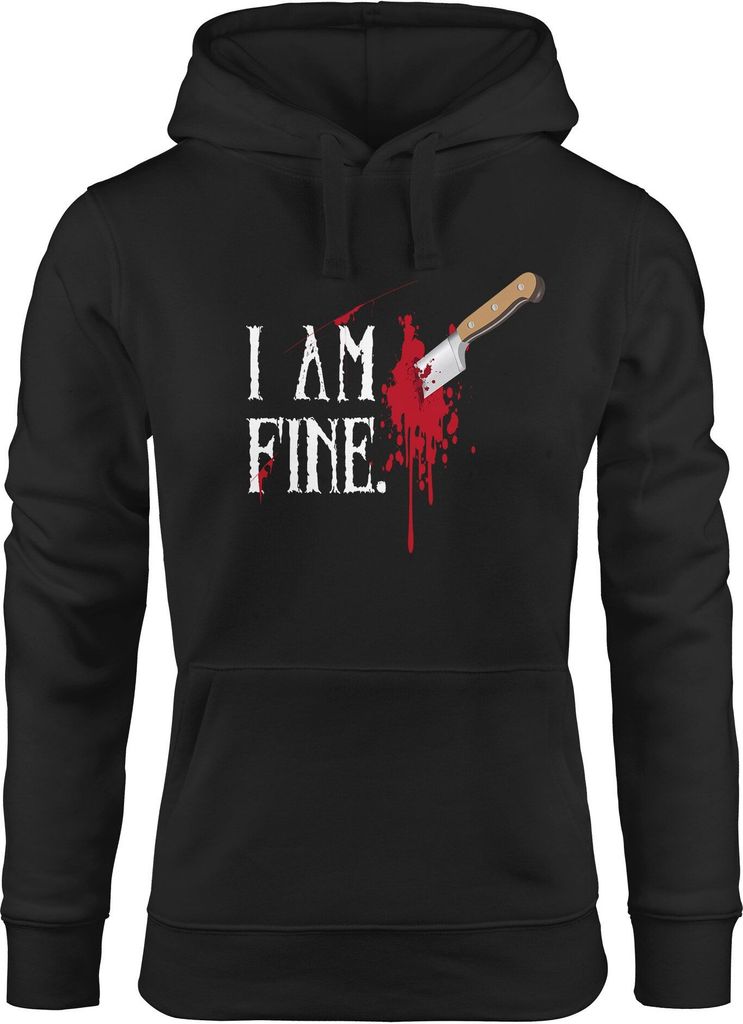 Hoodie Damen Halloween Wunde Messer I Am Fine Horror Fun-Shirt Stichwunde Kapuzen-Pullover Moonworks schwarz L