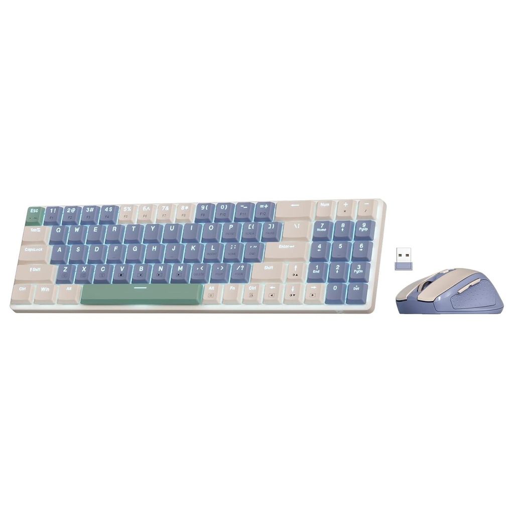 Kabellose Tastatur und Maus, 75% 78 Tasten, 2,4 GHz mit niedrigem Profil und wiederaufladbarem Akku, einzelnes blaues Schwarzlicht, Maus mit 2400 DPI
