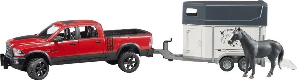 A red pickup truck towing a horse trailer with a horse inside, shown on a white background.