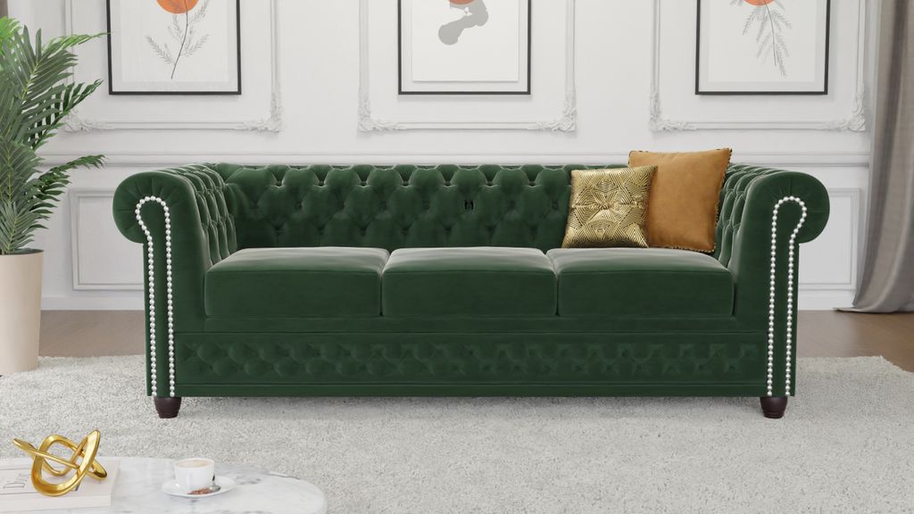 S-STYLE MÖBEL - Nox - Chesterfield 3 sitzer Sofa aus Flasche grün Samt-Stoff mit Holzfüßen, B/T/H: 203 cm / 86 cm / 72 cm