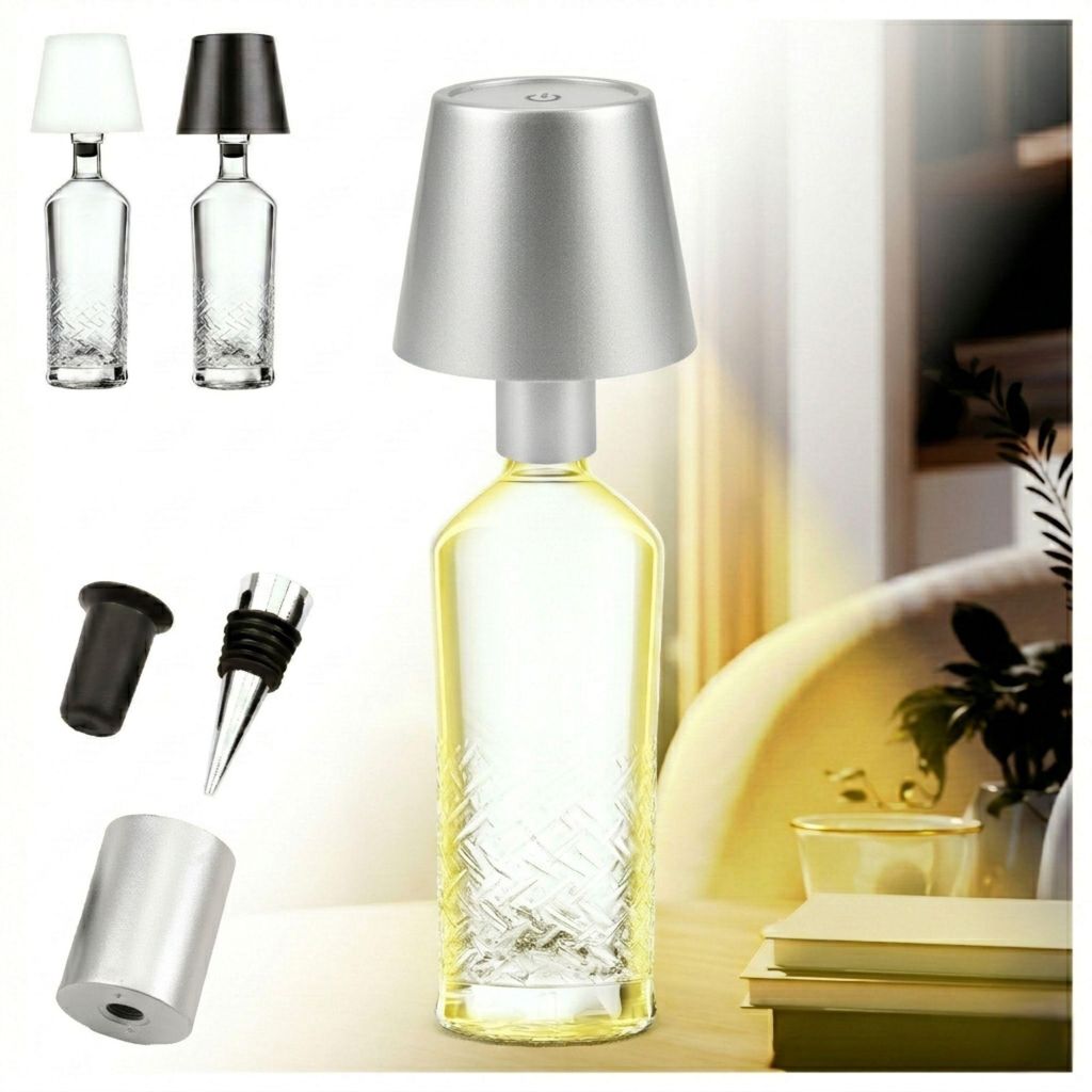LED Flaschenlampe Bottle Light V2442 – Dimmbare Deko-Leuchte mit 3 Lichtfarben und TOUCH-Funktion für Innen & Außen Silber
