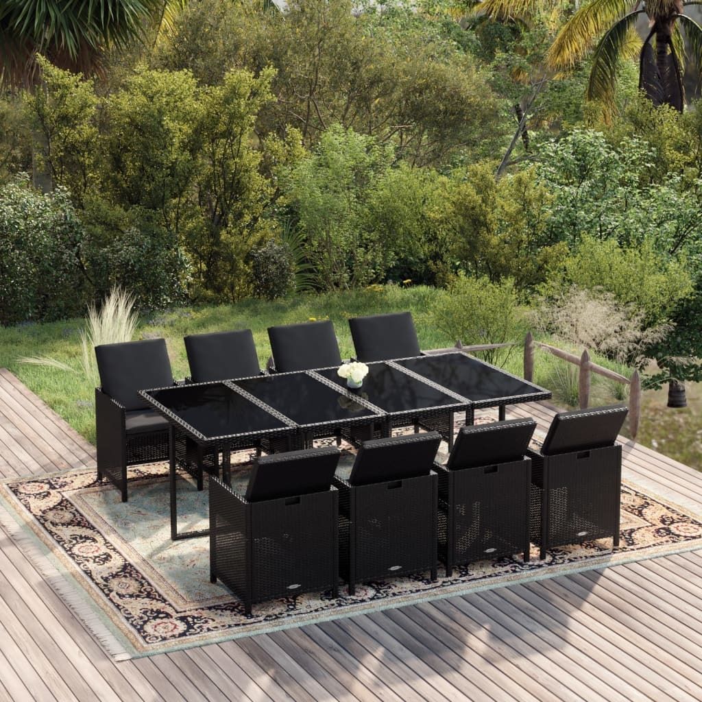 The Living Store 9-tlg. Garten-Essgruppe mit Kissen Poly Rattan Schwarz